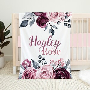 Floral Personalized Baby Girl Blanket, Rose Name Blanket, Baby Shower Gift, Pink, Purple, Mauve Floral Crib Bedding, Custom Newborn Blanket