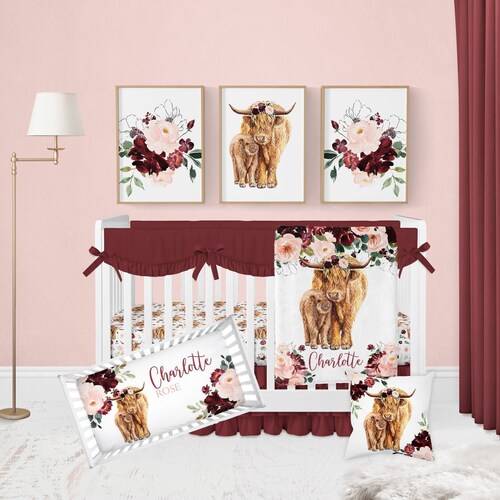 Baby Girl Floral Crib Bedding Set Highland Cow Nursery Etsy
