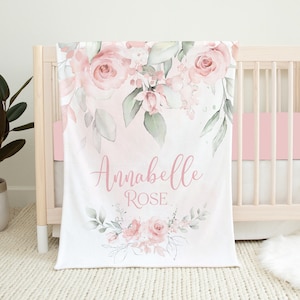 Personalized Floral Baby Blanket, Blush Pink Floral Blanket, Baby Girl Blanket Name Blanket, Baby Shower Gift, Pink Rose Floral Crib Bedding