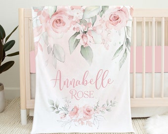 Personalized Floral Baby Blanket, Blush Pink Floral Blanket, Baby Girl Blanket Name Blanket, Baby Shower Gift, Pink Rose Floral Crib Bedding