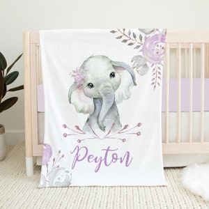 Personalized Elephant Baby Blanket, Baby Girl Blanket, Name Blanket, Purple Floral Elephant Nursery, Baby Shower Gift, Elephant Baby Bedding