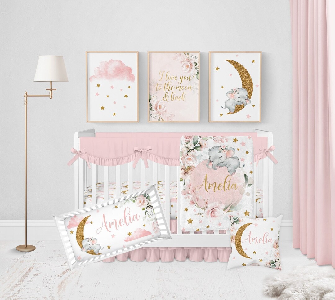 Elephant Crib Bedding Set Girl, Baby Girl Crib Bedding Set, Moon Baby