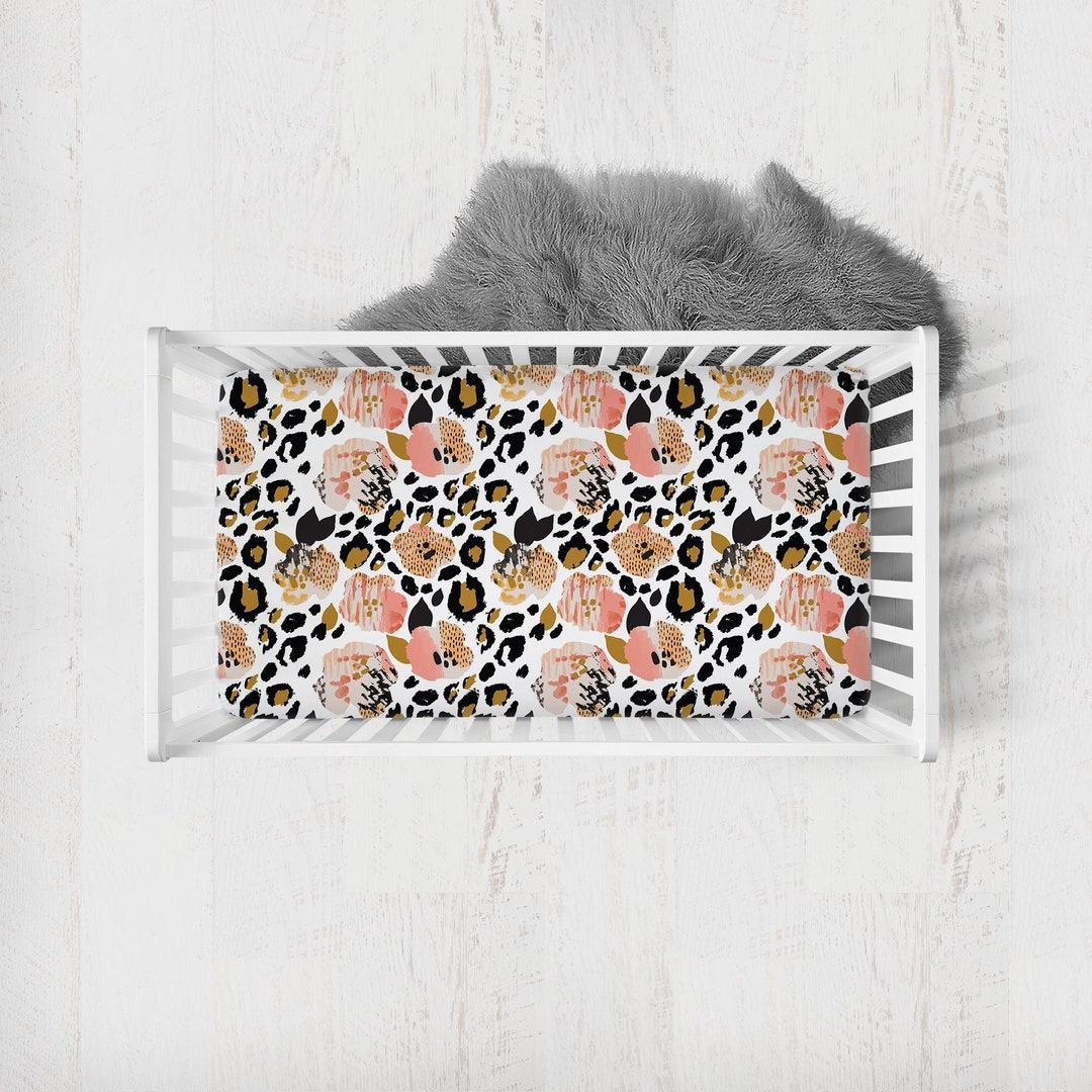 Leopard Crib Sheet, Crib Sheets Girl, Black and Pink Floral Crib Sheet