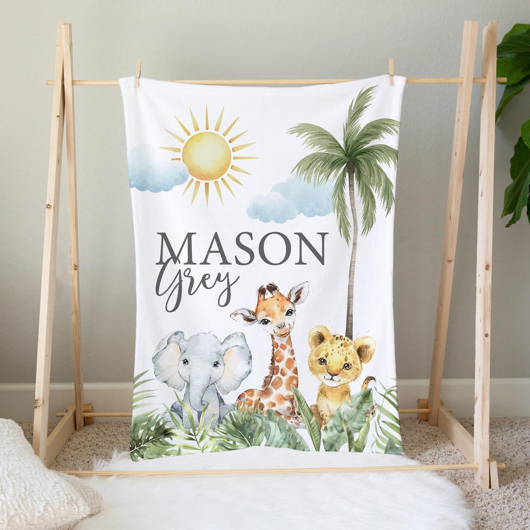 Safari Baby Blanket With Name, Personalized Baby Boy Blanket, Jungle ...