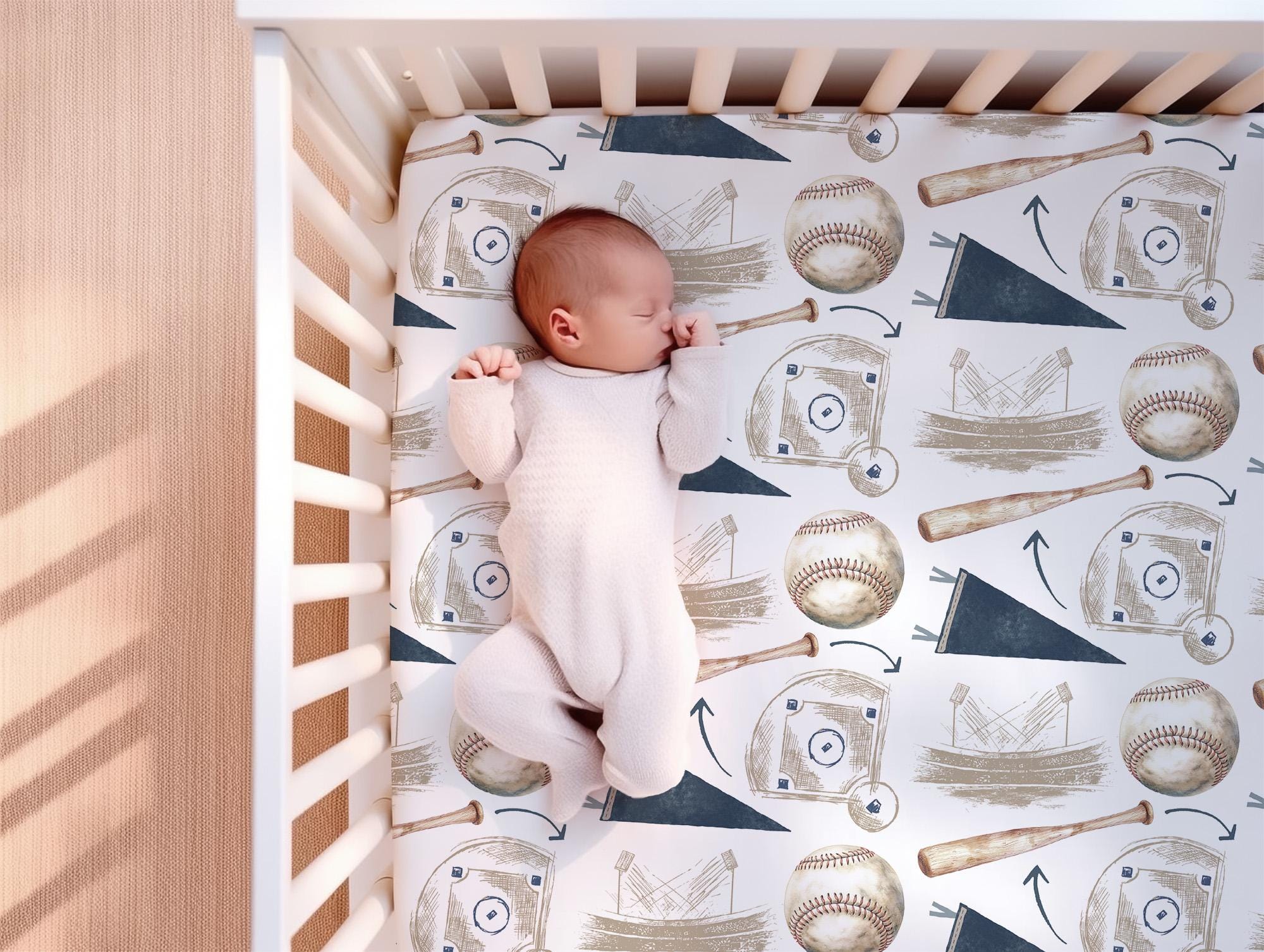 Baseball Crib Sheets Boy, Vintage Baseball Crib Bedding, Boy Crib