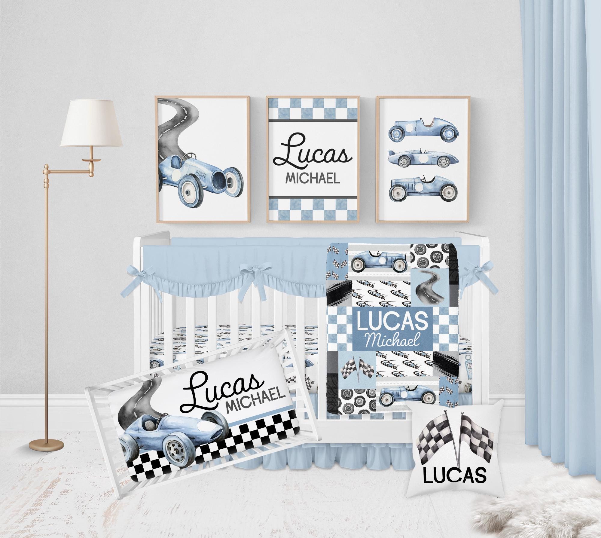 Baby Boy Nursery Bedding, Car Crib Bedding Set, Race Car Nursery Decor
