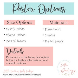 May include: A pink and blue poster with the text "Poster Options" and lists of size options and materials. The size options are 12x18 inches, 18x24 inches, and 24x36 inches. The materials are foam board, canvas, and poster paper.