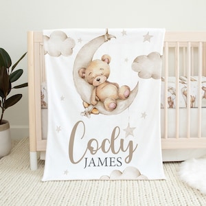 Personalized Teddy Bear Baby Blanket, Baby Boy Blanket, Teddy Bear Nursery, Baby Shower Gift, Teddy Bear Crib Bedding, Neutral Crib Bedding