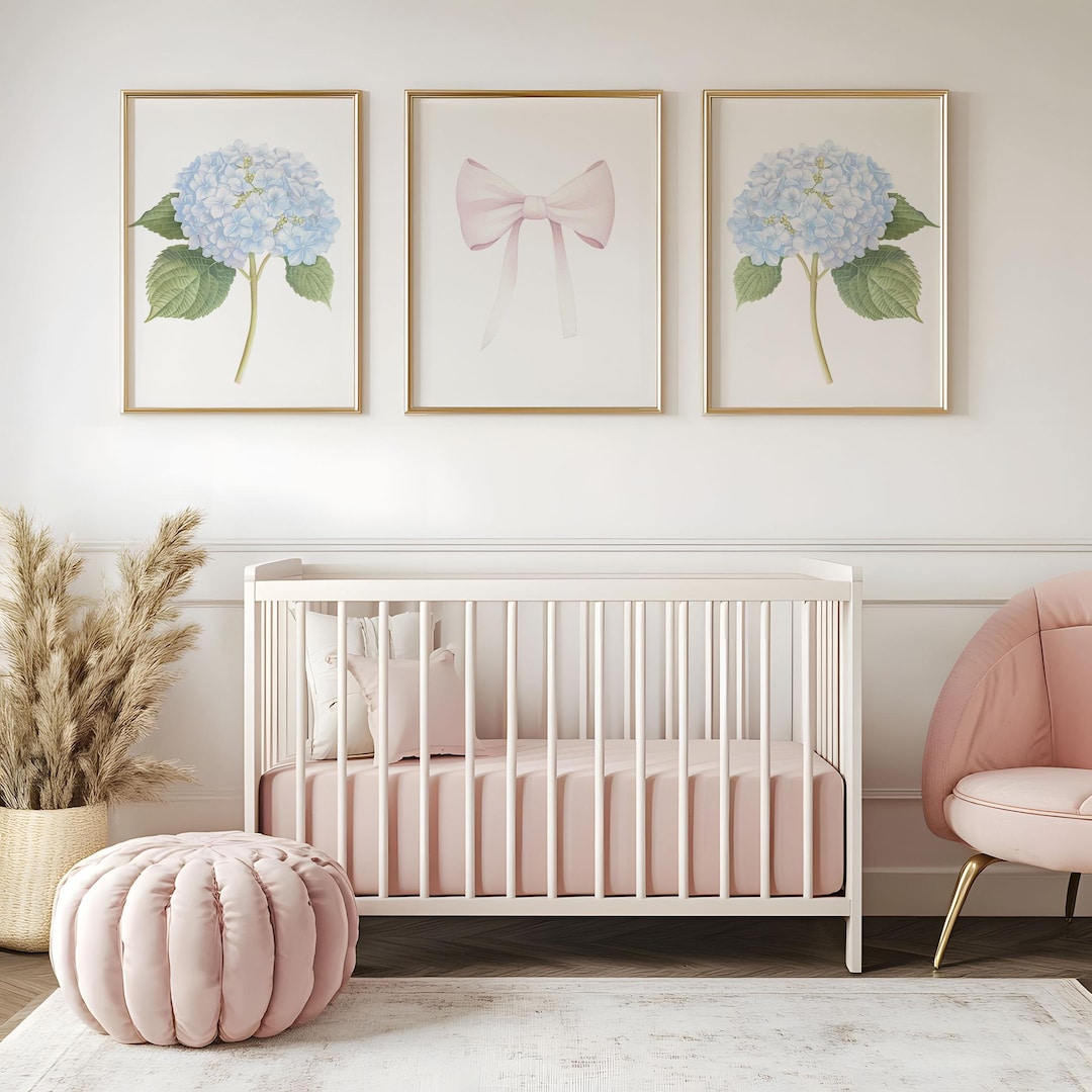 Set of 3 Blue Hydrangea Prints, Pink Bow Wall Art, Baby Girl Nursery ...