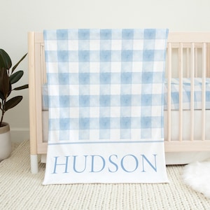 Personalized Baby Boy Blanket, Blue Baby Blanket Boy, Blue Gingham Baby Blanket, Blue Crib Bedding Boy, Baby Boy Bedding, Baby Shower Gift