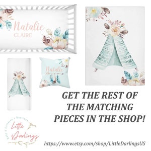 May include: A nursery bedding set with a teal and white teepee design, floral accents, and the name "Natalie Claire". The set includes a crib sheet, a pillow, and a blanket.