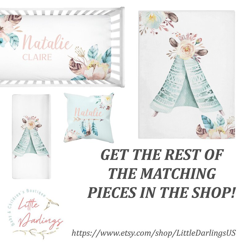 May include: A nursery bedding set with a teal and white teepee design, floral accents, and the name "Natalie Claire". The set includes a crib sheet, a pillow, and a blanket.