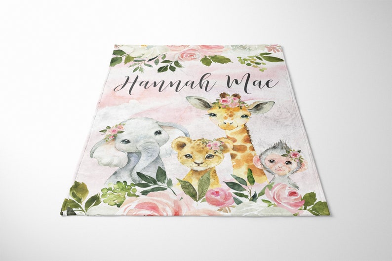 Safari Animals Floral Baby Girl Blanket, Personalized Girl Blanket ...