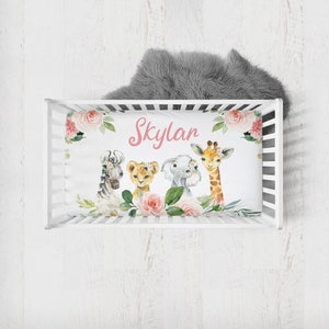 Personalized Safari Crib Sheet, Safari Crib Bedding, Pink Floral Crib Sheets Girl, Safari Nursery, Elephant, Girl Crib Bedding Safari Animal