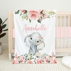 Personalized Elephant Baby Blanket, Baby Girl Blanket, Pink Floral Baby Name Blanket, Elephant Baby Bedding, Elephant Crib, Baby Shower Gift