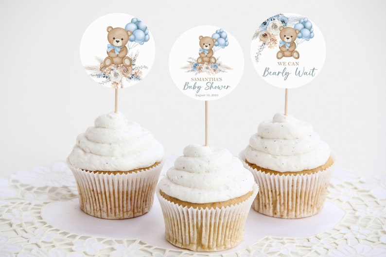 Editable Teddy Bear Cupcake Toppers, Blue Boho We Can Bearly Wait Baby Shower Decorations Boy, Bear Baby Shower Decor Instant Download, BTB1 image 1