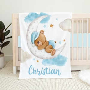 Personalized Teddy Bear Baby Blanket, Moon Baby Boy Blanket, Moon Stars Nursery, Baby Shower Gift, Teddy Bear Crib Bedding Blue Baby Blanket