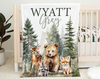 Personalized Woodland Baby Blanket, Custom Baby Boy Blanket, Woodland Nursery, Woodland Crib Bedding Boy, Baby Name Blanket, Forest Animals