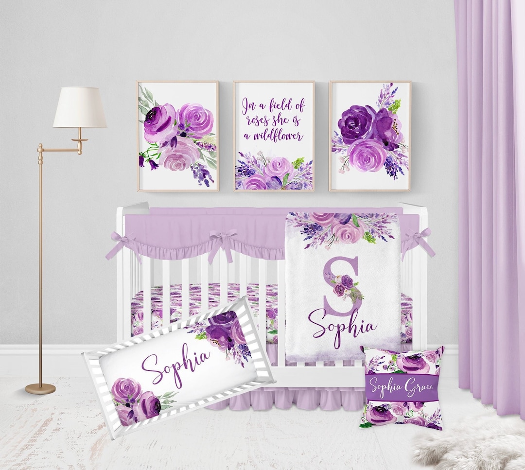 Purple Floral Crib Bedding Set, Baby Girl Crib Bedding, Personalized Baby Blanket, Floral