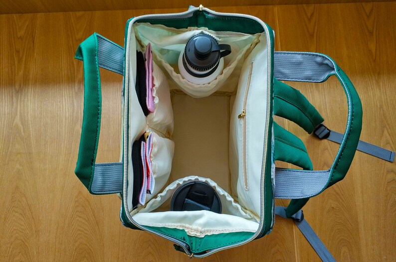 May include: A green and grey backpack with a white interior. The backpack is open and has several pockets and compartments. There are items inside the backpack, including a water bottle, a coffee cup, and some small items.