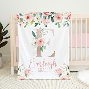 Personalized Floral Baby Blanket, Pink Floral Monogram Blanket, Baby Girl Blanket, Baby Name Blanket, Baby Shower Gift, Floral Crib Bedding