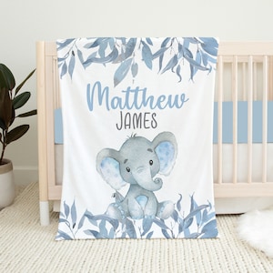 Personalized Elephant Baby Blanket, Baby Boy Blanket, Baby Shower Gift, Blue Elephant Crib Bedding, Baby Boy Crib Bedding, Elephant Nursery