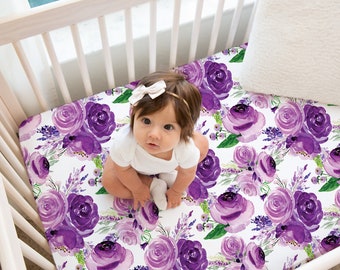Purple Floral Crib Sheet, Floral Crib Bedding, Floral Nursery, Baby Girl Crib Bedding, Purple Nursery, Crib Sheets Girl, Purple Crib Bedding