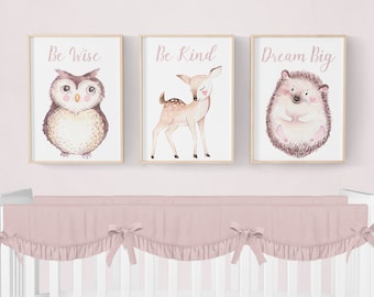 Woodland Nursery Prints, Woodland Nursery Decor Set of 3 Prints, Woodland Animal Prints Girl Nursery Decor, Girl Woodland Nursery Wall Decor