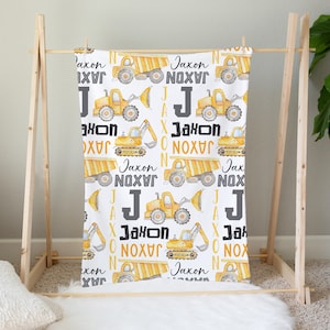 Couverture de construction personnalisée, couverture pour bébé garçon, couverture avec prénom de bébé personnalisé, cadeau baby shower, couverture pour bébé camion de chantier, cadeaux garçon