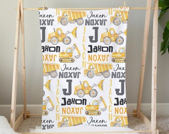 Manta de construcción personalizada, Manta de bebé niño, Manta personalizada con nombre de bebé, Regalo de baby shower, Manta de bebé de camión de construcción, Regalos para niños