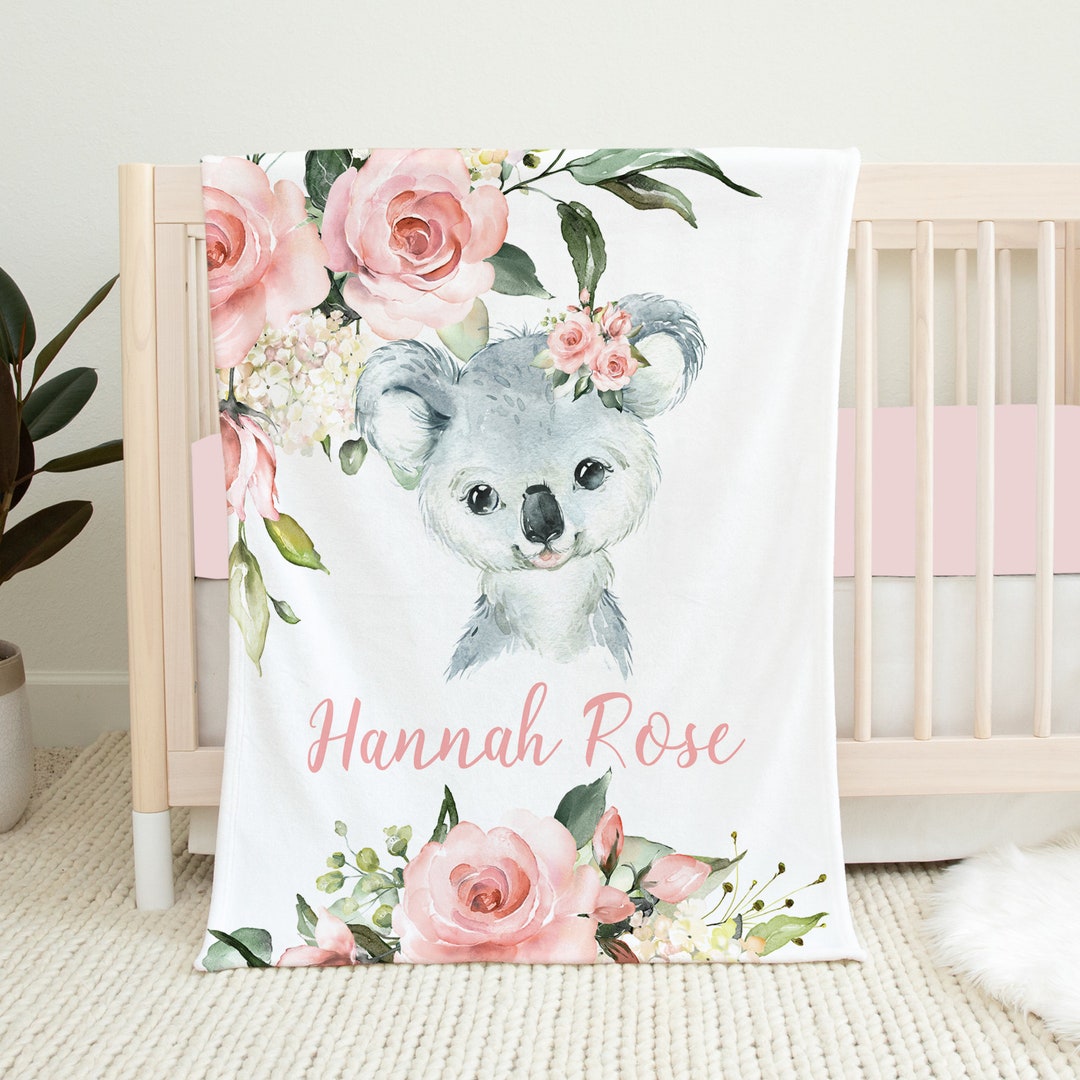 Personalized Koala Baby Blanket, Baby Girl Blanket, Koala Crib Bedding, Baby Name Blanket, Baby