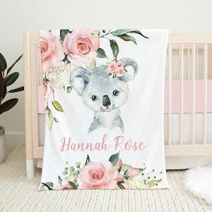 Personalized Koala Baby Blanket, Baby Girl Blanket, Koala Crib Bedding, Baby Name Blanket, Baby Shower Gift, Koala Bear Floral Baby Blanket