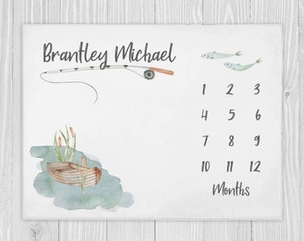 Fishing Milestone Blanket, Boy Milestone Blanket, Baby Shower Gift, Baby Month Blanket, Personalized Baby Boy Blanket, Fishing Baby Blanket