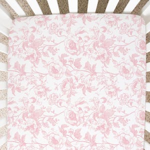 Pink Toile Crib Sheet, Pink Crib Sheets Girl, Chinoiserie Crib Sheet, Baby Girl Crib Bedding, Pink Floral Crib Bedding Set, Mini Crib Sheets