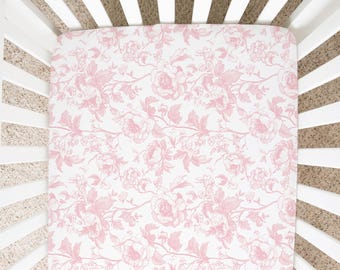 Pink Toile Crib Sheet, Pink Crib Sheets Girl, Chinoiserie Crib Sheet, Baby Girl Crib Bedding, Pink Floral Crib Bedding Set, Mini Crib Sheets