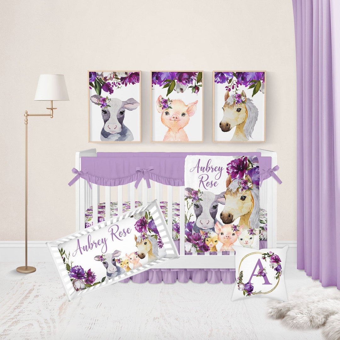 Baby Girl Farm Bedding, Baby Crib Bedding Set Girl, Farm Nursery, Purple Crib Bedding, Floral