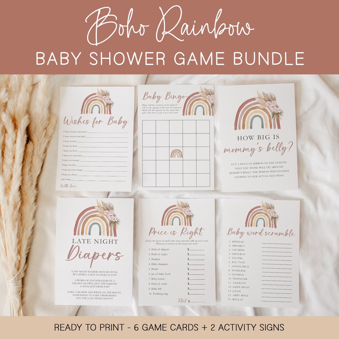 Rainbow Baby Shower Game Bundle, Boho Baby Shower Bundle, Baby Shower ...