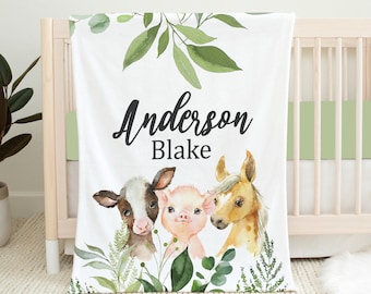 Gepersonaliseerde boerderijdieren babydeken, deken babyjongen, babydeken boerderij, boerderij babydeken, beddengoed boerderij, babyshower cadeau, boerderijdieren kinderkamer, koe