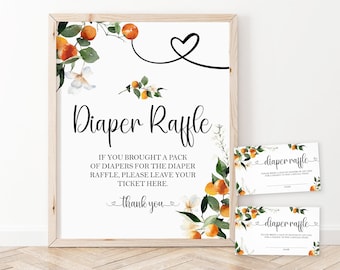 Orange Citrus Diaper Raffle Ticket and Sign, Little Cutie Baby Shower Decorations, Printable Orange Baby Shower Sign Instant Download, LC1