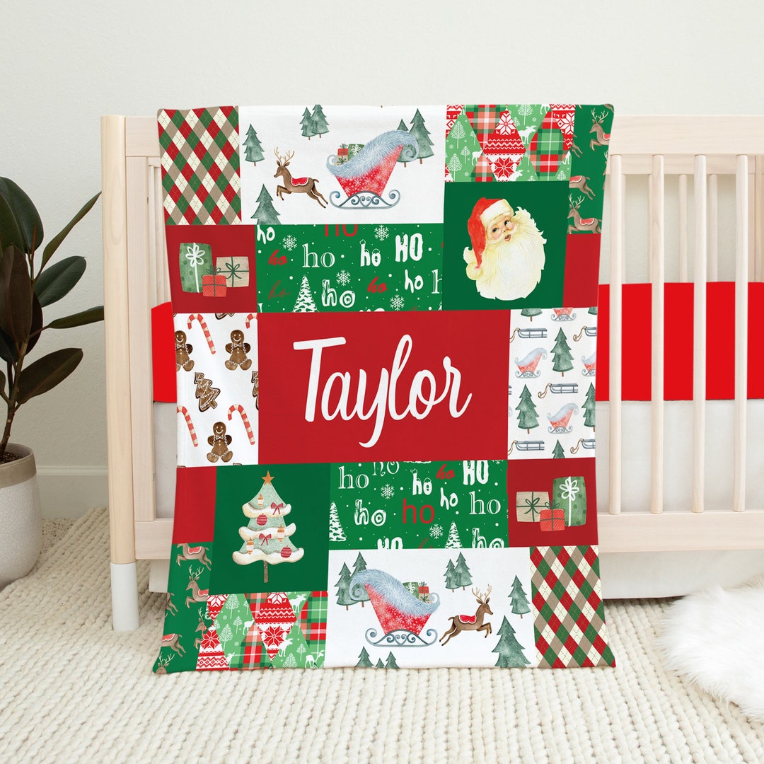 Personalized Christmas Baby Blanket, Christmas Crib Bedding, Baby Name ...