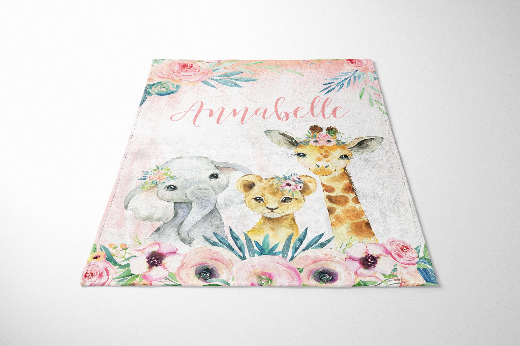 Floral Safari Animals Baby Girl Blanket, Personalized Girl Blanket ...