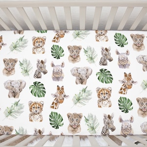 Safari Tiere Sbettlaken, Bettlaken Junge, Safari Krippenbettwäsche, Safari Kinderzimmer, Baby Boy Krippenbettwäsche, Löwe, Giraffe, Zebra, Elefant Krippe