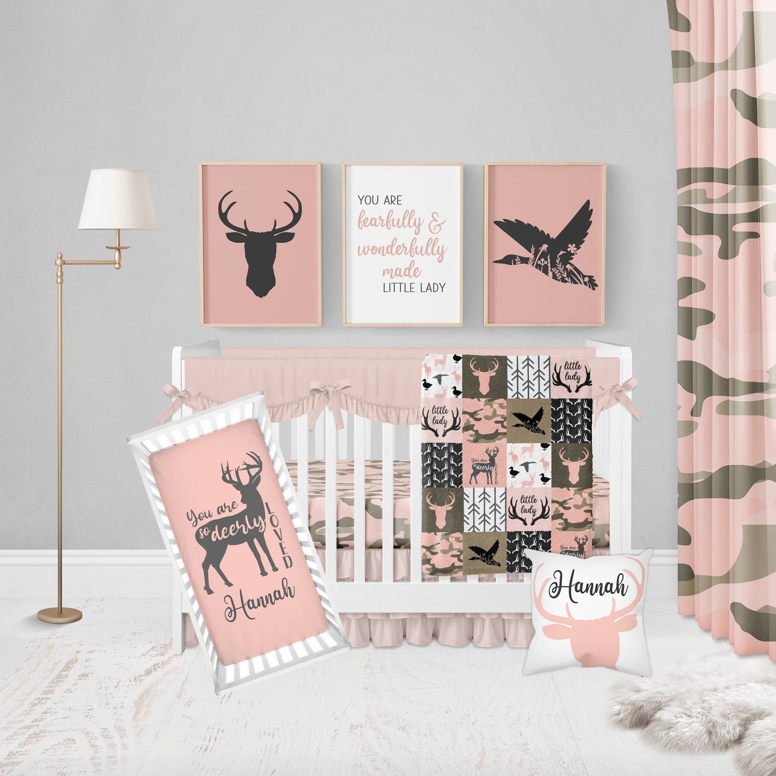 Girl Crib Bedding Set, Pink Country Baby Bedding, Camo Crib Bedding