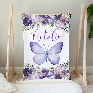 Personalized Butterfly Baby Blanket, Baby Girl Blanket, Baby Name Blanket, Baby Shower Gift, Butterfly Crib Bedding, Purple Floral Blanket