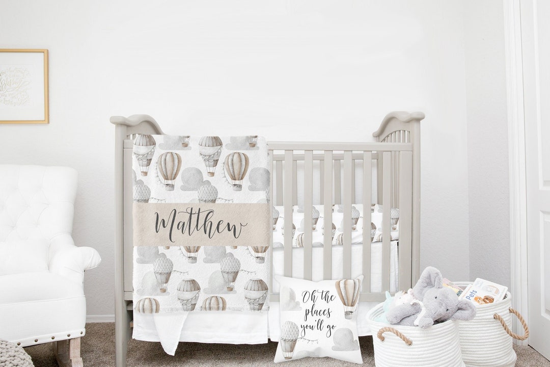 MINI Crib Bedding Set, Neutral Hot Air Balloon Crib Bedding, Mini Crib