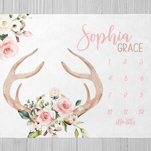 Deer Milestone Blanket, Girl Milestone Blanket, Personalized Baby Girl Blanket, Baby Shower Gift, Girl Woodland, Pink Floral, Monthly Growth