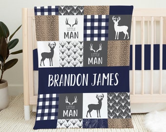 Personalisierte Wald Babydecke, Baby Jungen Decke Navy, Baby Name Decke, Wald Krippe Bettwäsche Jungen, Babypartygeschenk, Hirsch Babydecke