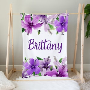Personalized Floral Baby Blanket, Hibiscus Blanket, Baby Girl Blanket, Purple Floral Crib Bedding, Hawaiian Baby Blanket, Tropical Blanket
