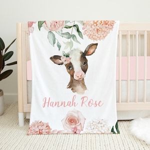 Personalized Cow Baby Blanket, Floral Baby Blanket, Baby Girl Blanket, Baby Shower Gift, Cow Crib Bedding, Farm Baby Blanket, Name Blanket