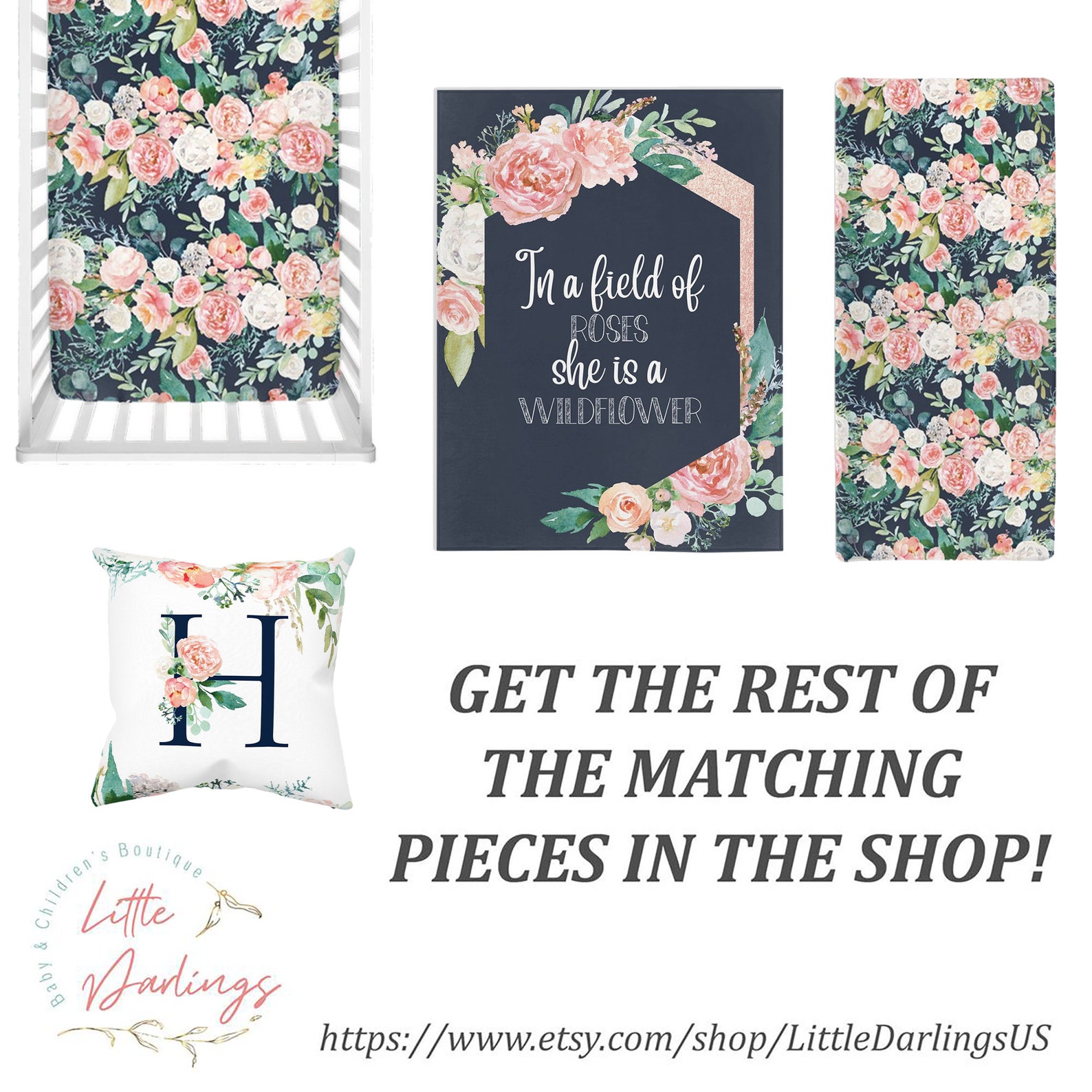 Navy Floral Crib Sheet Navy and Blush Pink Floral Crib Etsy